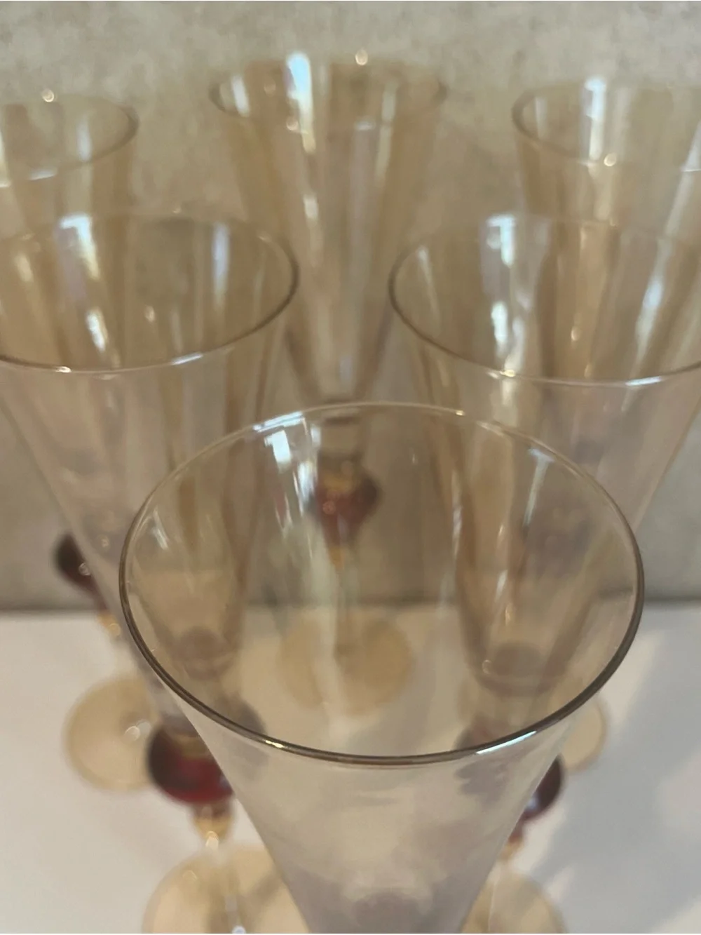 Vintage Pier 1 Imports Amber Luster Red Jewel Champaign Flute 11.5” Set of 6